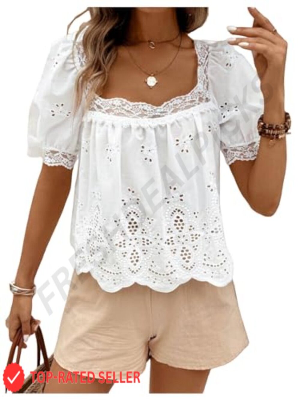 Eyelet Lace Puff Sleeve Embroidered Blouse Square Neck Summer Boho Top